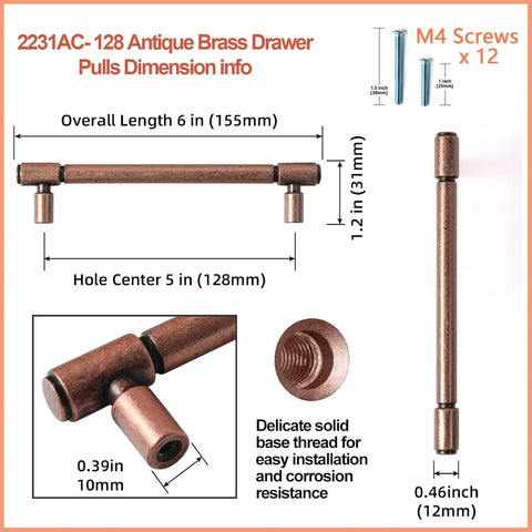 Six Pack 5.04 Inch Center To Center Antique Copper Drawer Pulls Red Bronze Bar Handles size diagram with measurements