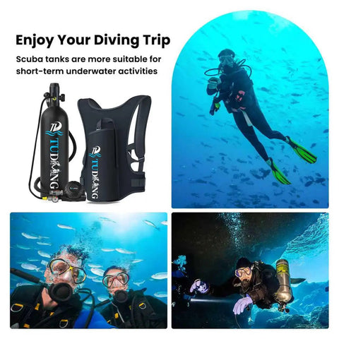 Collage of One Point Nine Liter Mini Scuba Tank For Adults Portable Underwater Breathing Cylinder with divers using it underwater