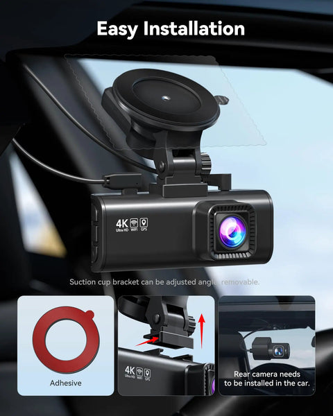 4K Front And Rear Dash Cam With Starvis 2 Sensor GPS WiFi for Fast Download and Free Memory Card Included mounted in car
