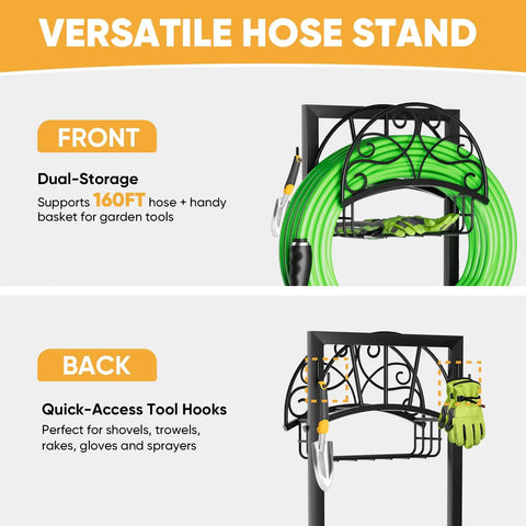 Beefy Garden Hose Holder With Storage Basket And Tool Hooks Freestanding Metal Hose Stand Holds Up To 160 Ft Rustproof Outdoor Hose Organizer front view with hose and tools.