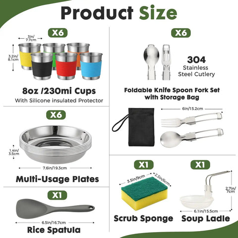 43-Piece Camping Cookware Set Feeds 6 People, Big Crew Ready for Family Campouts image showing cups, plates, cutlery, and utensils