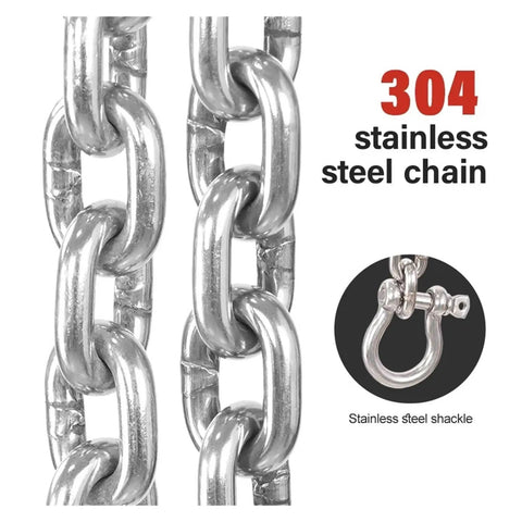 304 stainless steel chain and shackle, part of Heavy Duty 304 Stainless Steel Hand Chain Hoist That Is Super Lightweight And Built Like A Tank For Lifting Up To 3 Tons.