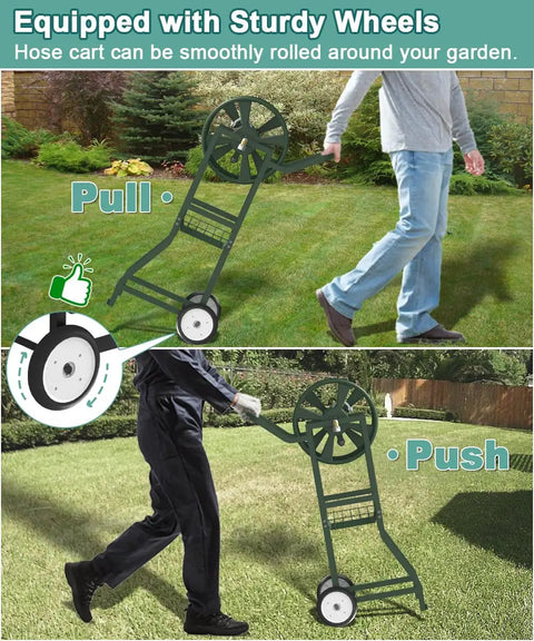 Heavy Duty Garden Hose Reel Cart With Wheels Keeps Your Hose Neat And Ready Holds Up To One Hundred Twenty Five Feet Of Five Eighth Inch Hose Plus A Three Point Nine Foot Leader Hose And Basket Powder Coated Steel Water Winder For Backyard Yard And Lawn in use outdoors