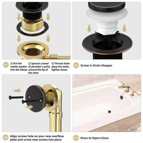 Oil Rubbed Bronze Tub Drain Kit with installation steps for drain stopper and overflow faceplate on a tub