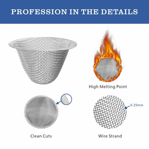60 Pieces Half Inch Stainless Steel Mesh Screens With Tapered Design Includes 3 In 1 Cleaning Tool Brush And Stainless Steel Storage Box, features include high melting point, clean cuts, and wire strand details.