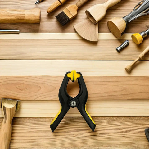 One black clamp from Eight Pack LCD Screen Fastening Clamps With Scratch Free Sponge Pads for repairs, among various tools on wooden surface.