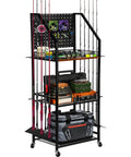 Heavy Duty Fishing Rod Storage Rack For Garage Organization Holds Up To 12 Rods With Pegboard And Hooks Durable Iron Frame And Wood Shelf Rolling Tackle Cart For Easy Garage Tidy And Quick Access
