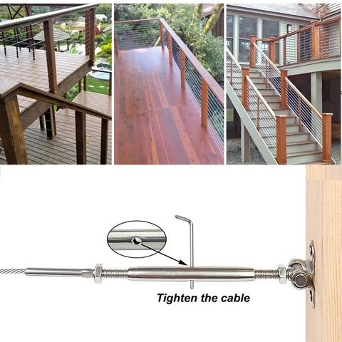 12 Pairs One Eighth Inch Cable Railing Kit with 180 Degree Adjustable Base Marine Grade T316 Stainless Steel Hardware for Indoor Outdoor Deck Railings Easy Install for Modern Railing Projects shown in use on decks and staircases with tightening tool detail.