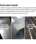 30-gauge cold-rolled steel, stainless steel, and 18-gauge galvanized sheet metal for sheet metal seaming projects.