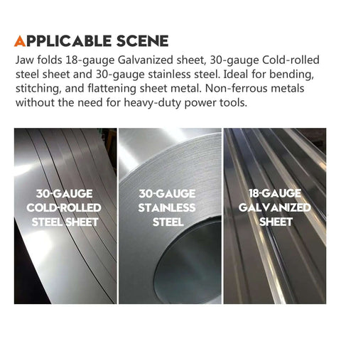 30-gauge cold-rolled steel, stainless steel, and 18-gauge galvanized sheet metal for sheet metal seaming projects.