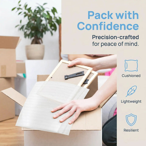 Person using 200 Pack Foam Packing Pouches And Sheets Cushion Wrap 11.8x9.8 Inch Double Layer Protection For Moving Glassware Dishes Cups