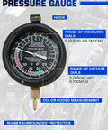 Front view of DASBET car vacuum and fuel pump tester gauge kit with hook, brass connector, color pressure and vacuum dials.