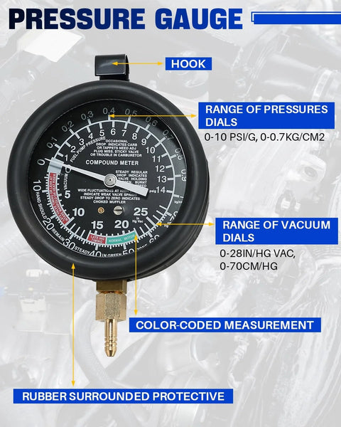 Front view of DASBET car vacuum and fuel pump tester gauge kit with hook, brass connector, color pressure and vacuum dials.