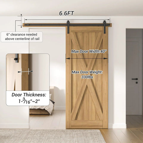 Six Point Six Feet Long Sliding Barn Door Hardware Kit For Single Door Sturdy Durable Carbon Steel With Black Coating To Prevent Rust Heavy Duty Easy To Install Fits Thirty Six To Forty Inch Wide Doors J Shape Hanger Included installed on wooden door, showing rail and measurements.