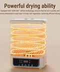 Top Shelf Five Tray Electric Food Dehydrator Featuring Killer 360 Airflow And Smart Controlled Digital Timer To Nail Fresh Fruit Veggies Meat And Healthy Homemade Snacks Daily with visible airflow system and control panel.