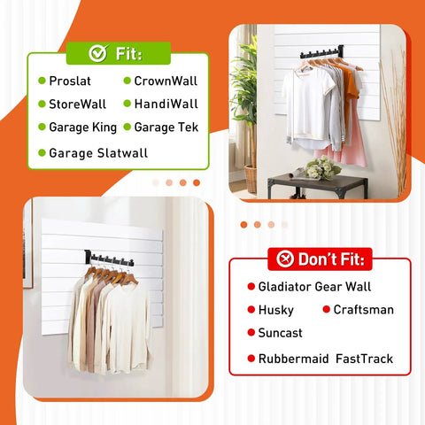 12 Inch Waterfall Slatwall Display Hooks, 6 Pack, Pro Grade Rugged Heavy Duty Steel Tubes With Anti Fall Balls, Powder Coated Finish holding clothing on slatwall with fit compatibility list.