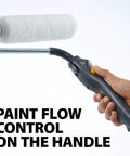Hand holding Smart Sidekick Workhorse Power Paint Roller Direct Feed System with paint flow control button and roller head visible.