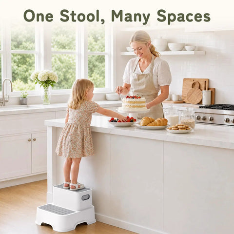 Rock Solid Two Step Stool For Toddlers making bathroom sink access breezy, gray, grippy, helping child reach kitchen counter.