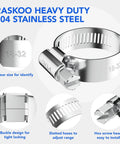 46 Piece Premium Adjustable Stainless Steel Hose Clamps Kit Featuring Seven Size Range From Quarter Inch To One And One Half Inch For Fuel Line Plumbing Automotive And Mechanical Applications Long Lasting Worm Gear Clamps on display, showing clear size markings and buckle design.