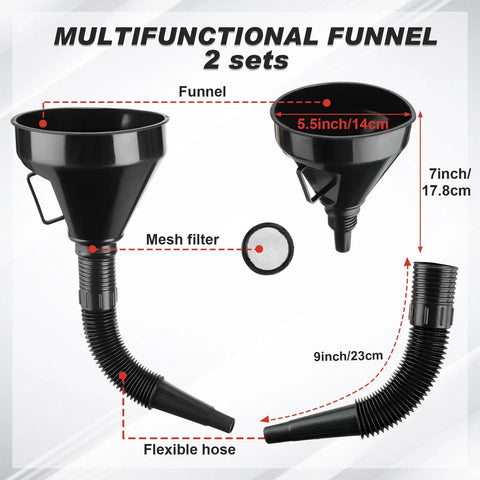 8 Piece Auto Oil Change Kit With 4 Wide Mouth Flexible Funnels With Handles showing funnel dimensions and mesh filter