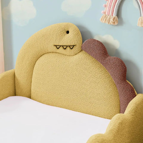 3D Dino Headboard Kids Bed With Safety Guardrails, Double Size, Solid Wood Frame, Raised Padded Rails, Terry Cloth Fabric Upholstery