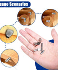 Top Shelf Nickel Plated Shelf Pins Kit Includes Sixty Four Workhorse Pegs in hand with shelf scenarios for cabinet projects.