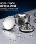 Close-up of Stainless Steel Snap Button Kit 15mm 200 Pieces 50 Sets Built To Last Rustproof All Weather With Setting Tool.