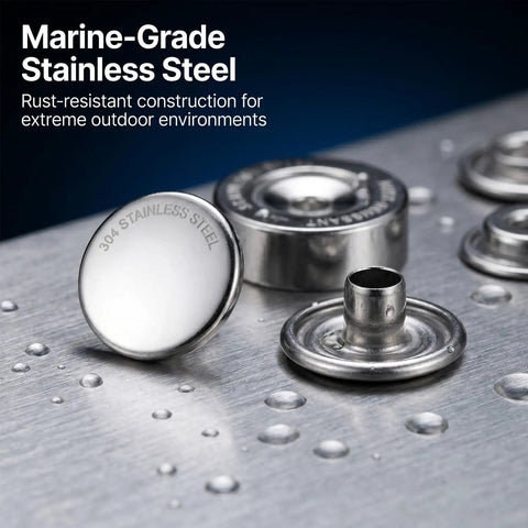 Close-up of Stainless Steel Snap Button Kit 15mm 200 Pieces 50 Sets Built To Last Rustproof All Weather With Setting Tool.