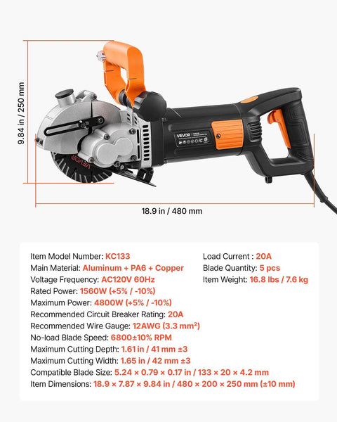 Powerhouse Wall Chaser for Concrete and Brick, 6800 RPM Electric Groove Cutter with adjustable depth and width pictured