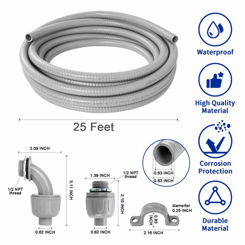 Flexible Liquid Tight PVC Electrical Conduit Kit 1/2-Inch Diameter, 25 Feet, Outdoor Non-Metallic Grey features and components