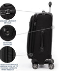 Side view of Travelpro Platinum Elite 21-inch softside carry-on luggage in black with USB port and 8-wheel spinner.