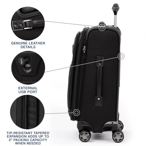 Side view of Travelpro Platinum Elite 21-inch softside carry-on luggage in black with USB port and 8-wheel spinner.