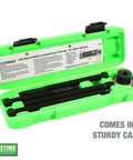 Long Reach Harmonic Balancer And Pulley Installer Kit With Extra Long Forcing Fasteners inside a green case for V8 and V6 engines