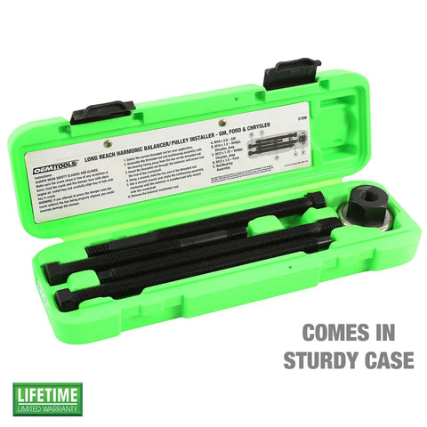 Long Reach Harmonic Balancer And Pulley Installer Kit With Extra Long Forcing Fasteners inside a green case for V8 and V6 engines