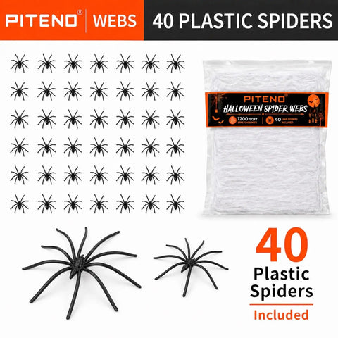 1200 Square Foot White Stretchable Halloween Spider Webs With Forty Fake Spiders For Haunted House Yard Porch Indoors And Parties That Serve Kickass Spooky Vibes, featuring 40 plastic spiders.
