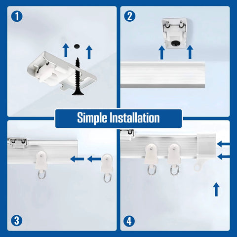 Bendable Ceiling Curtain Track System, Flexible 16.4 Ft Rail For Rooms And RVs, No Tool Needed Mount, installation steps shown.