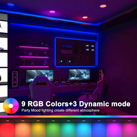 Recessed Lighting 4 Inch RGBCW Color Changing 12W LED Downlights with Junction Box,1080Lumens Canless LED Recessed Ceiling Lights Dimmable by Remote Control, Dual Memory,Timer,Delayed Off, ETL,4 Pack illuminating a gaming setup with RGB colors.