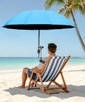 Hassle Free 360 Rotate Beach Chair Umbrella With Upf 50 Plus Sun Shield For Deck Or Golf Cart Take It Easy With Deep Cool Shade Using This Clip On Foldable Canopy Cover Sky Blue, beach setting, man sitting in striped chair under umbrella.