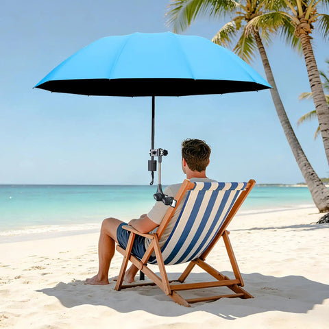 Hassle Free 360 Rotate Beach Chair Umbrella With Upf 50 Plus Sun Shield For Deck Or Golf Cart Take It Easy With Deep Cool Shade Using This Clip On Foldable Canopy Cover Sky Blue, beach setting, man sitting in striped chair under umbrella.