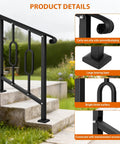 Helluva Strong Outdoor Stair Handrail For Two Or Three Steps Solid Black Wrought Iron features a curly non-slip design and large bearing base.
