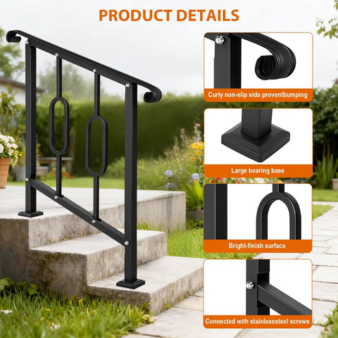 Helluva Strong Outdoor Stair Handrail For Two Or Three Steps Solid Black Wrought Iron features a curly non-slip design and large bearing base.
