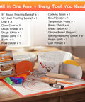 All In One Sourdough Starter Kit With 9 Inch Round And 11 Inch Oval Banneton Proofing Baskets Nonstick Liners Covers Whisk Dough Scraper Lame Temperature Probe And 39 Piece Bake Tool Set For Home Bakers showcasing contents on table