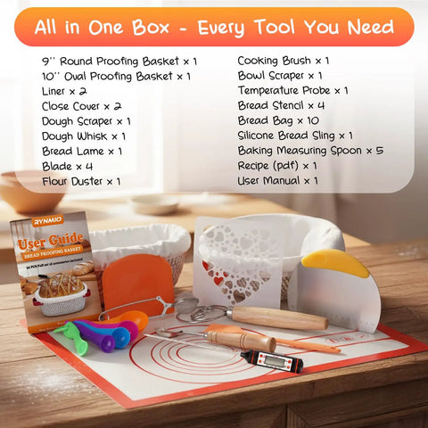 All In One Sourdough Starter Kit With 9 Inch Round And 11 Inch Oval Banneton Proofing Baskets Nonstick Liners Covers Whisk Dough Scraper Lame Temperature Probe And 39 Piece Bake Tool Set For Home Bakers showcasing contents on table