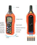 PT6508 Digital Temperature Humidity Meter With Ambient Dew Point And Wet Bulb showing display and battery details front and rear