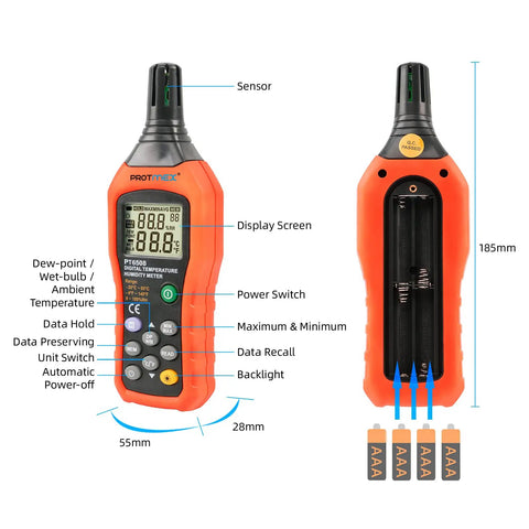 PT6508 Digital Temperature Humidity Meter With Ambient Dew Point And Wet Bulb showing display and battery details front and rear