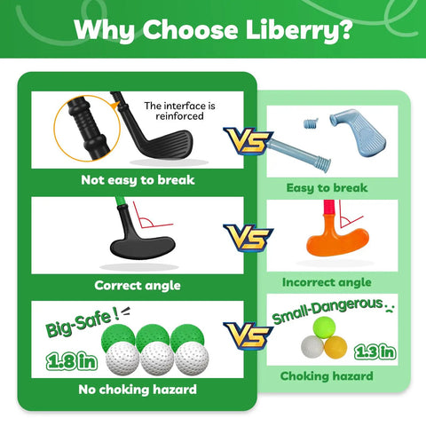 Comparison of toddler golf club features highlighting safety benefits of Kid Tested Retractable Toddler Golf Clubs Set With Smooth Rounded Shafts And Jumbo Safety Balls Perfect For Little Swingers Ages One To Four Top Shelf Green Play Gear.
