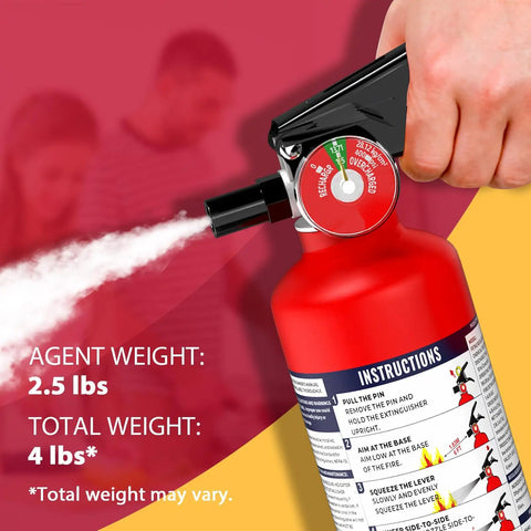 No Fuss ABC Home Fire Extinguisher 2.5 Lb Two Pack showing use with spray action and instruction label.