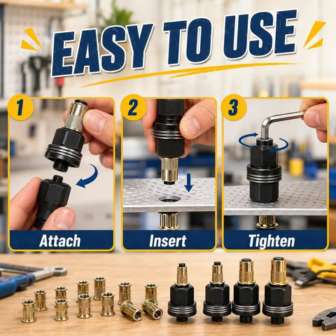 All Purpose 77 Piece Carbon Steel Hand Rivet Nut Tool Set For Quick Rivnut Installations Ideal For DIYers And Pros In Metalworking Pipe Fittings Includes Multiple Sizes For Sheet Metal And Tubing Rugged Manual Nut Setter Kit, 3-step use guide