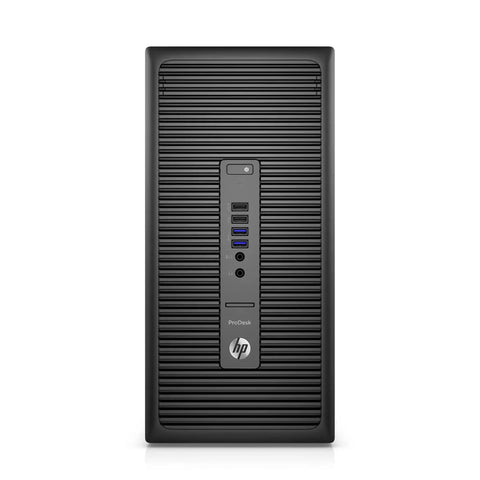 Front view of ProDesk 600 G2 Tower Desktop PC With Intel Core i5 6500 8GB RAM 256GB SSD WiFi Bluetooth 4K Ready Keyboard and Mouse Windows 11 Pro Renewed For Smooth Multitasking And No Fuss Office Work.