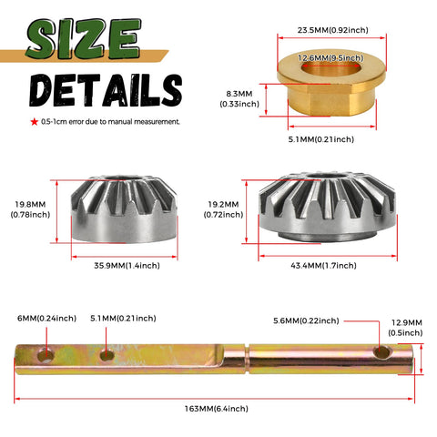 Size details of 146059 Power Landing Gear Repair Kit components with measurements for each part